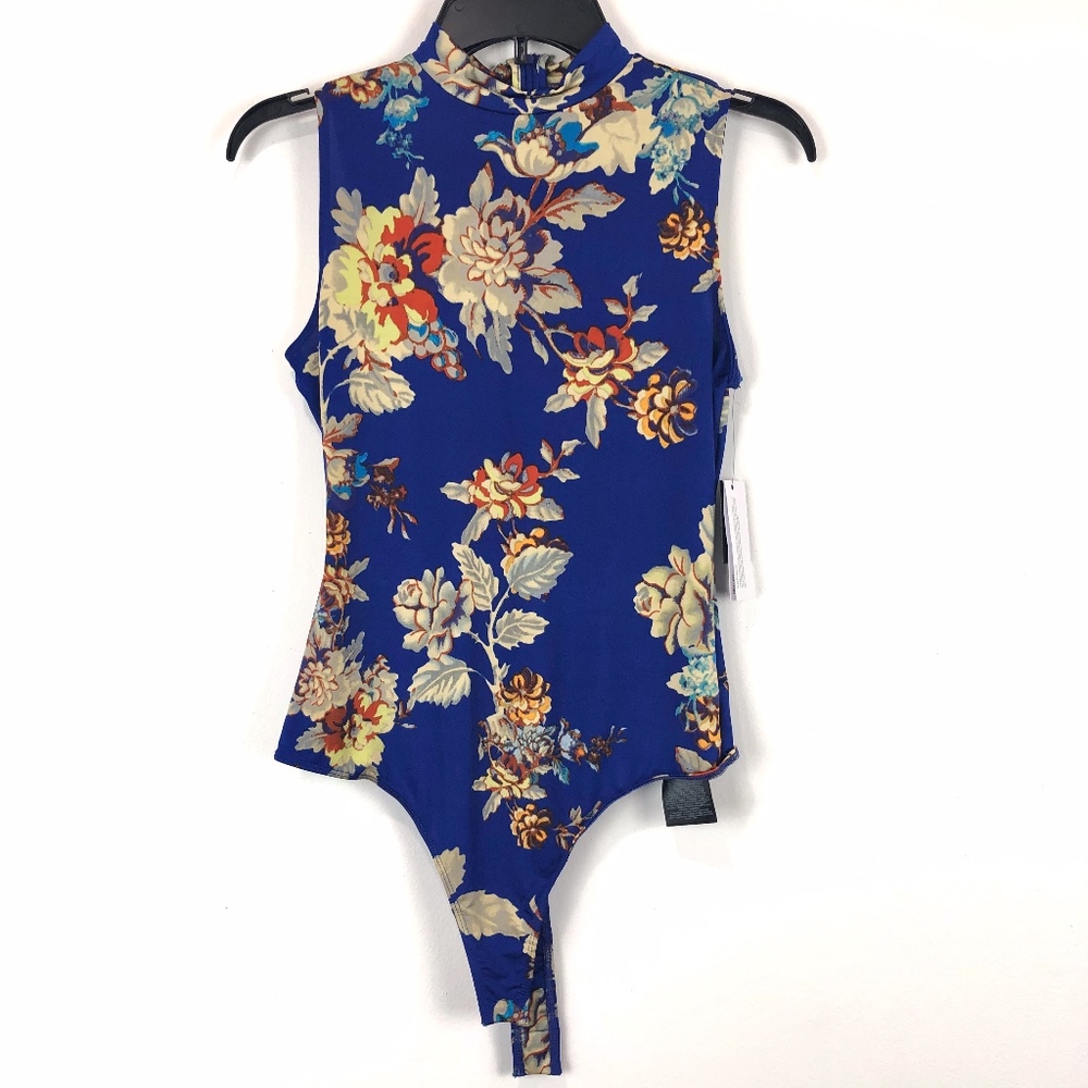 Guess Mikah Mock Neck Bodysuit Blue Floral Sz Sm